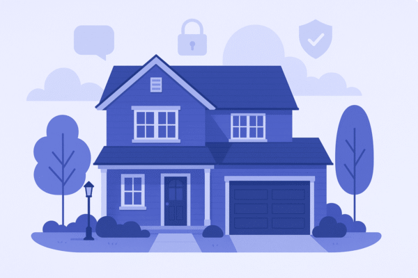 Flat illustration of a two-story suburban Ohio home with stylized trees and lamp posts