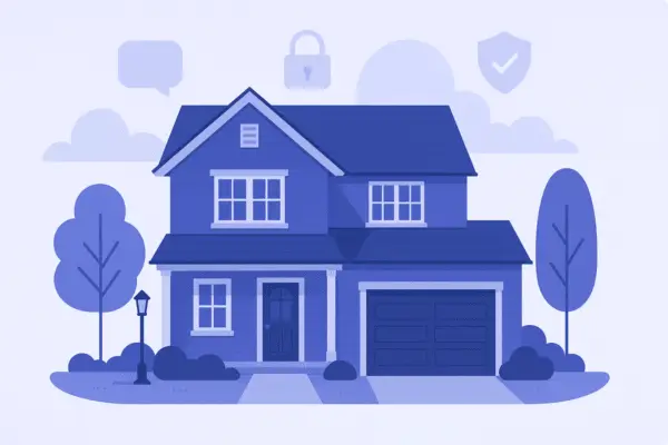 Flat illustration of a two-story suburban Ohio home with stylized trees and lamp posts
