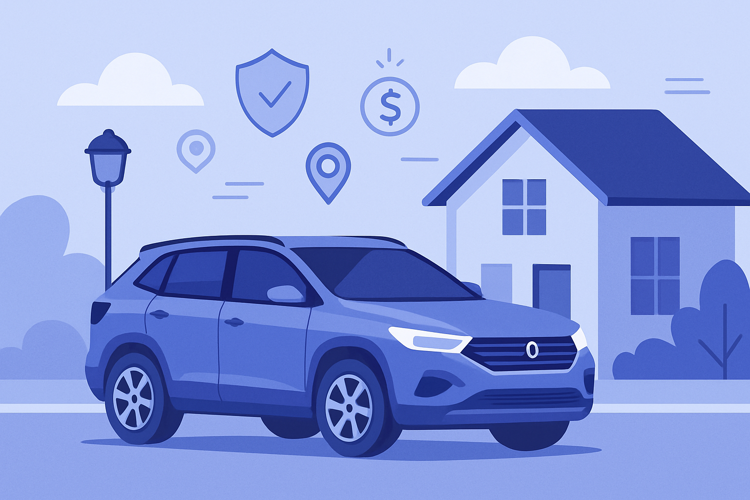 Flat illustration of a car parked near a suburban Ohio home with digital protection icons